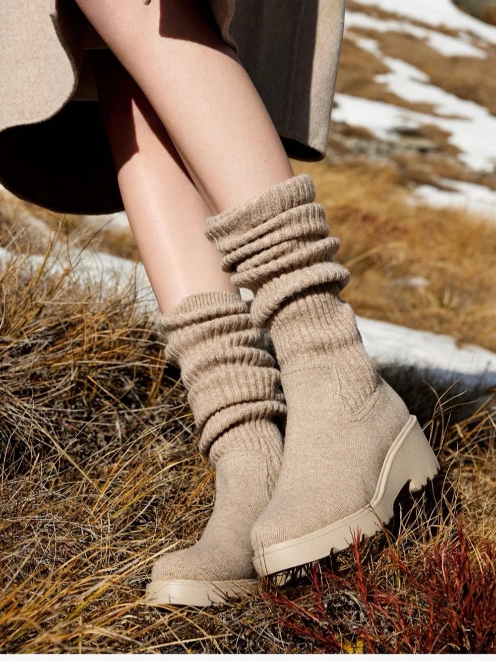 New in box Viviana Knit Platform Knee-High Boot in Beige